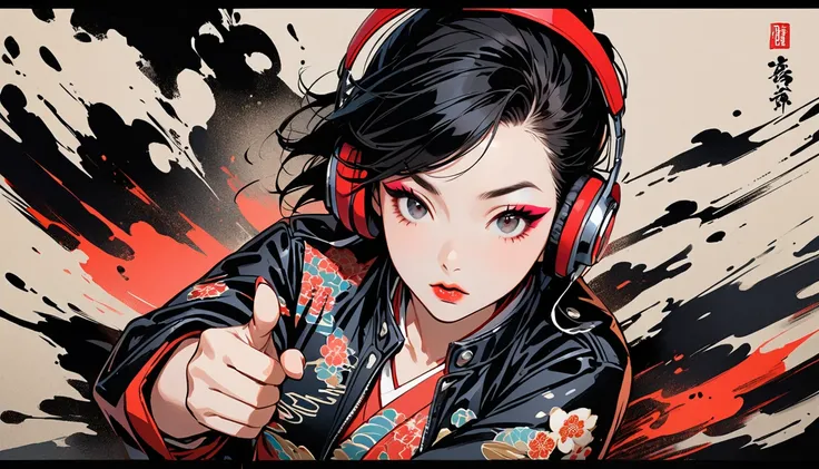 (((Ink Painting))), (((from above))), (((1 female))), (((Japanese pattern leather jacket))), (((Mohawk))), (((Very flashy makeup))), (((Finger guns))), Japanese style headphones, face close-up, front view, Japan人の美少女, Black Hair, Delicate and precise, Mode...