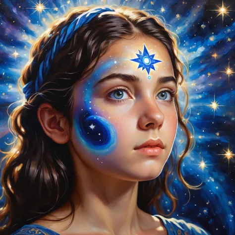 View diagonally from behind. A teenage girl whose third eye chakras star shines brightly. She has a bright indigo blue star on her forehead. She is looking at the big light with serious eyes. She has dark brown hair. Inside the galaxy. scattered stars, shi...