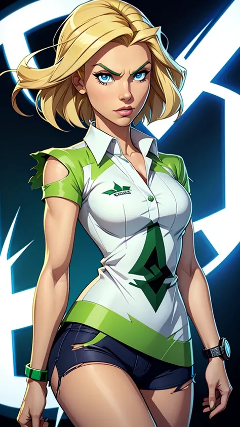 Girl with blonde hair, blue eyes, wearing a white collared shirt, torn sleeves, wearing an Omnitrix watch on her arm, Omnitrix watch, ben10