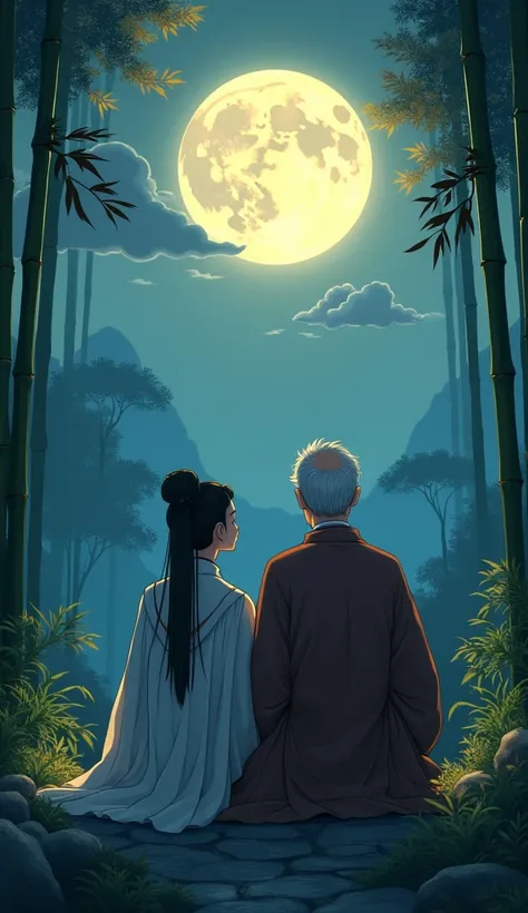 Mid-Autumn Moon、Princess Kaguya and her grandfather looking at the moon、Bamboo Garden