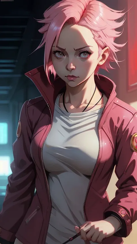 Sakura Haruno, Fascinating, ((Show your forehead)), Charming, Sexy Eyes, Red coat, Pink Hair, Delicate, young, Short Hair, Detailed face, High resolution, whole body, From League of Legends, Artstation Trends, Lads, Andreas Rocha, Lost Draw, makoto shinkai...