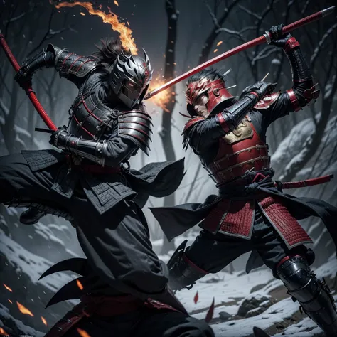 Two samurai engaged in a fierce duel in the midst of a traditional Japanese forest. The first samurai, wearing deep crimson armor with intricate gold detailing, has his katana raised in a powerful overhead swing. His kabuto helmet features a fierce dragon ...