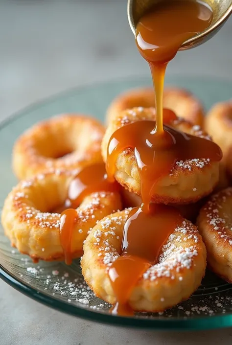 A plate of sopaipillas(round shaped dough made from pumpkin, flour, shall, oil and water) past(caramel made from sugar and a little water)on a glass plate 