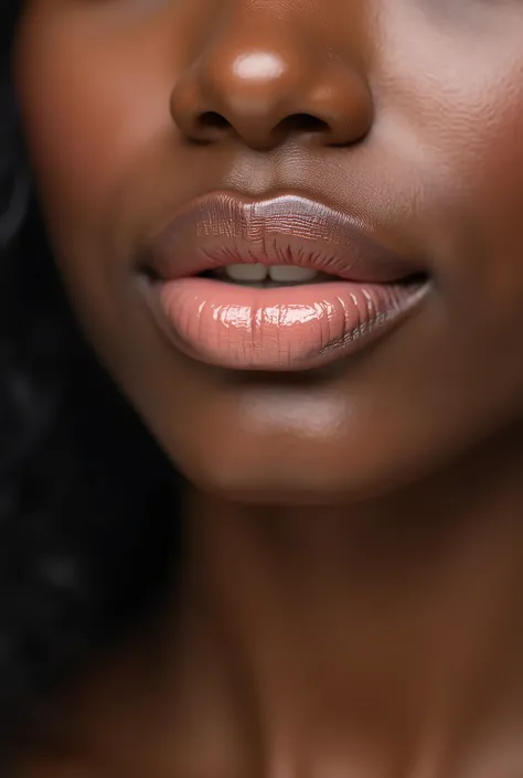 Closeup of the beautiful plump lips of an African American woman with beige lipstick Cosmetics makeup lip augmentation and correction concepts
