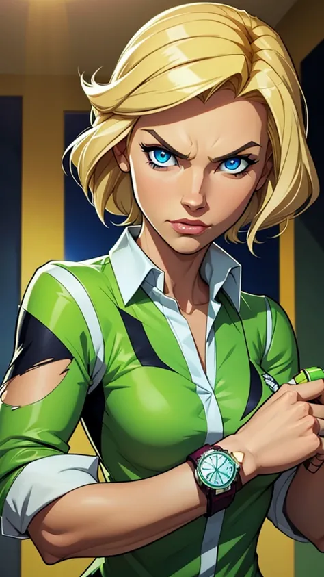 Girl with blonde hair, blue eyes, wearing a white collared shirt, torn sleeves, wearing an Omnitrix watch on her arm, Omnitrix watch, ben10