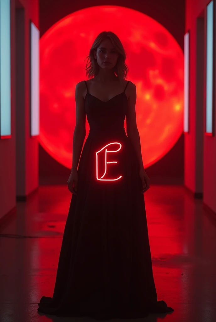 Create illusion realistic for profile picture where  a lady standing in-front in the red moon wearing a  black sexy dress featuring CES in front of the white top capital letter red neon fonts and the background white red neon in the hall.