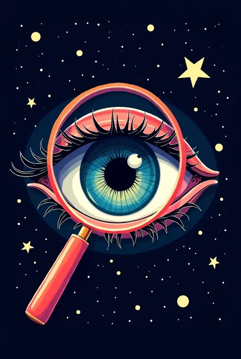 A stylized eye with a magnifying glass superimposed, surrounded by little stars.