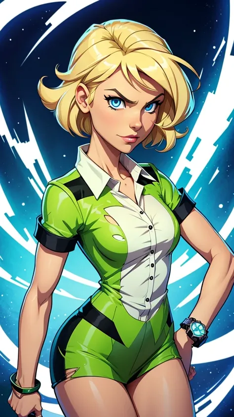 Girl with blonde hair, blue eyes, wearing a white collared shirt, torn sleeves, wearing an Omnitrix watch on her arm, Omnitrix watch, ben10