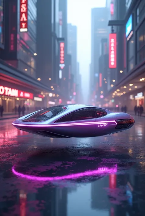 "Create a hover car with a bold, minimal design. The car should be levitating just above a futuristic city street, shown from a dynamic top-down angle. Use iridescent purple and silver tones for the body. The cars name is embedded in the design with a holo...