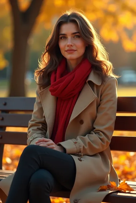 A hyper-detailed image of a fair-skinned 30-year-old woman with medium-length wavy brown hair, sitting alone on a park bench during autumn. She is wearing a long beige trench coat and a red scarf. Fallen leaves scatter around her feet as she smiles gently,...