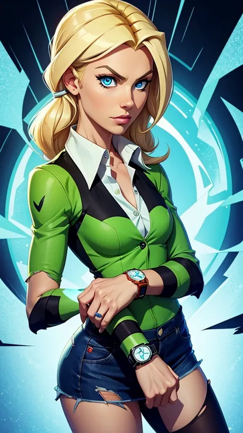 Girl with blonde hair, blue eyes, wearing a white collared shirt, torn sleeves, wearing an Omnitrix watch on her arm, Omnitrix watch, ben10