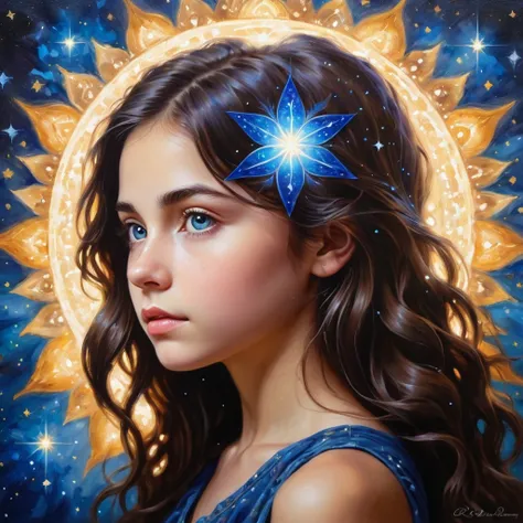 View diagonally from behind. A teenage girl whose third eye chakras star shines brightly. her profile. Im watching from a distance. She has a bright indigo blue star on her forehead. She is looking at the big light with serious eyes. She has dark brown hai...