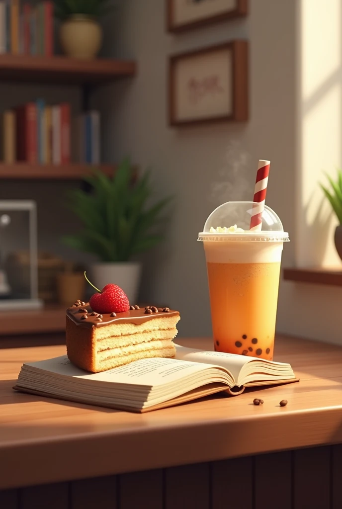 A slice of cake, a book and a boba tea drink in a bakery, the 3 businesses
