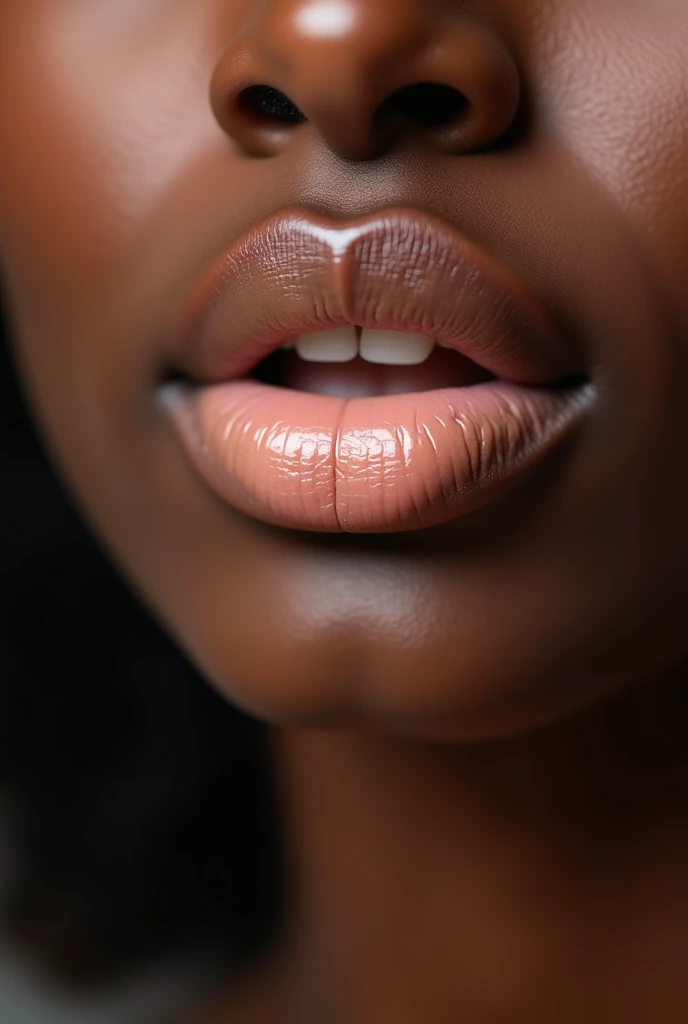 Closeup of the beautiful plump lips of an African American woman with beige lipstick Cosmetics makeup lip augmentation and correction concepts
