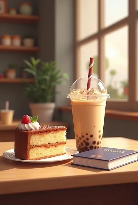 A slice of cake, a book and a boba tea drink in a bakery, the 3 businesses for events Make the book more visible