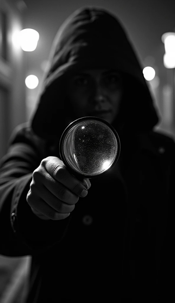 Create a black and white spy photo with a magnifying glass