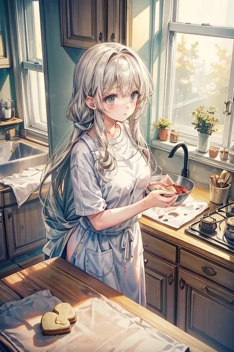 A cozy kitchen filled with heart-shaped cookies, some still in the process of being decorated with icing. The room has a warm glow from the afternoon sun, with flour and ingredients scattered on the counter. A pair of hands is shown carefully placing icing...