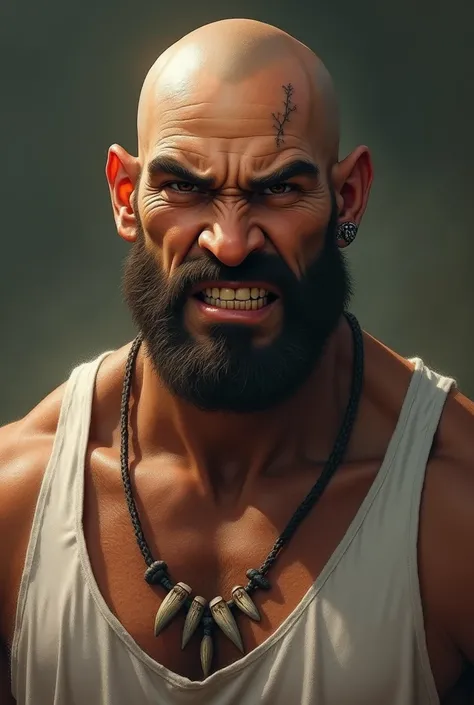 A bald tanned man , has 1,90 tall, uses a small string with several animal teeth, angry face, physique of former athlete, crushed ear, brown eyes and white tank top, thick and arched eyebrow, no tatoo, no mustache, no beard, no head accessories