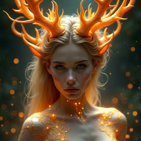 closeup, with a girl (who has intricate stag horns (fiery orange slightly gold glow emanating from the antlers horns sprouted on her head, (perfect face, perfect body)), female:(an otherworldly luminescence that matched the intricate patterns adorning her ...