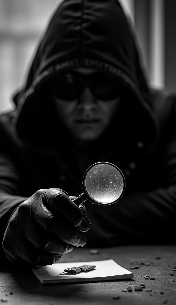 Create a black and white spy photo with a magnifying glass, Without showing the face