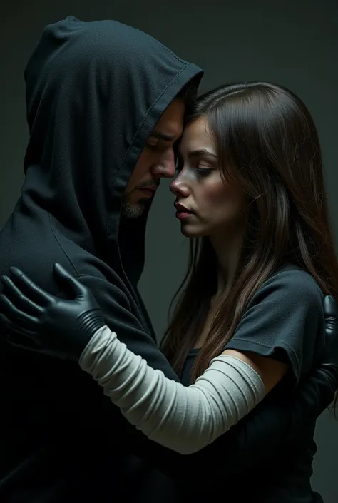 Man covered with a hood and black sweater with black gloves holding a brunette with brown hair and dark circles by the shoulders with his left arm completely bandaged with their faces close to each other 