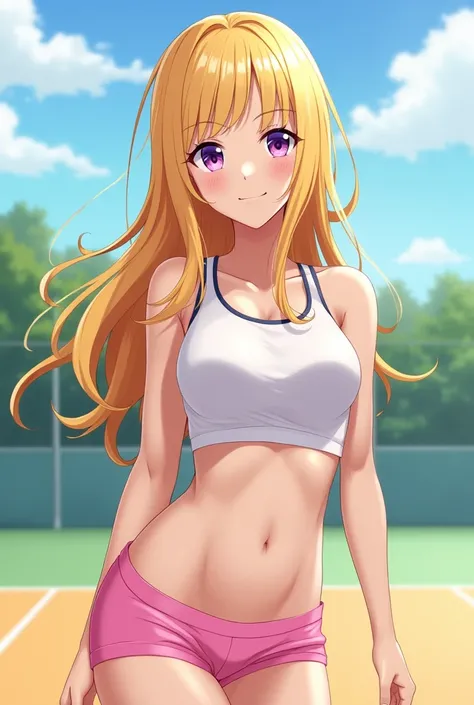 Cute Face, masterpiece, Best Quality, One Girl, Alone, Teen Quarter Japanese, Blonde, Long Hair, Purple eyes, Side-parted bangs, Short bangs, Medium Chest, Play sports frequently, Bloomers, Outdoor, Athletics, Conceit