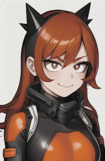 horikoshi kouhei, adult woman, round face, brown almond shaped eyes, long eyelashes, redhead asymmetric spiky unruly hair, left side bang, black mask, black bodysuit with orange details, long sleeves, white background, boku no hero academia, solo, closed m...