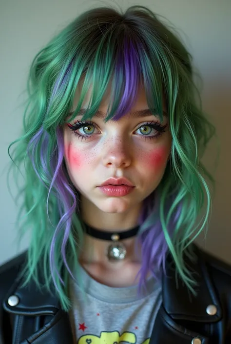 (photorealism:1.2), A shy girl on picture day with green and purple layered hair, punk like clothes, with matching makeup.