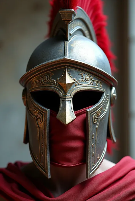 A gladiator helmet from the front, with a paint mask on his mouth.
