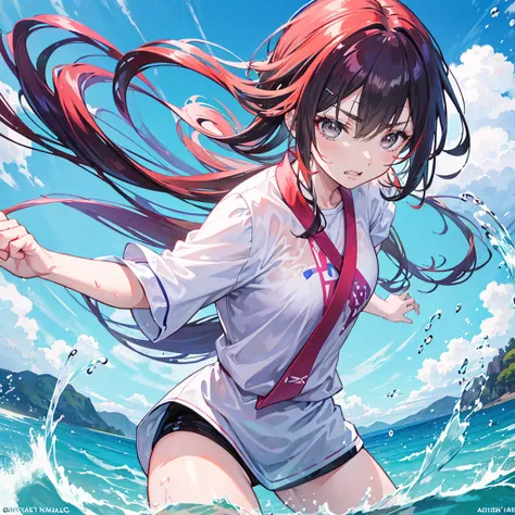 masterpiece, (Dynamic poses:0.5), absurd, 1 Girl,  Fighting Stance, Flushing, (Attack with water:1.5) Wet clothes, wet hair, Wet face, There is water behind the person, multicolored hair, (wind:1.4)