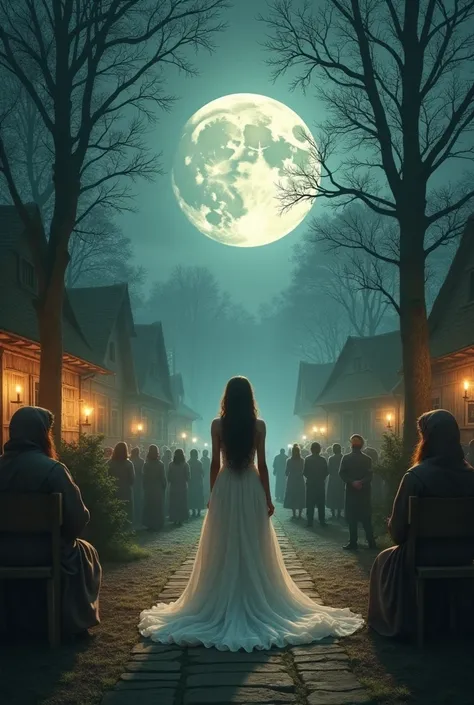 A wedding in a village near a forest, with the full moon night and the bride in a white dress and the wedding atmosphere a little strange
