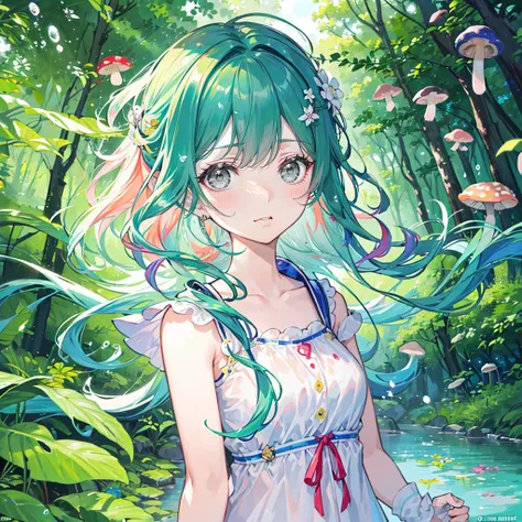 Nashida (masterpiece), (), (Extremely detailed),(Messy hair),(illustration), (1 Girl), Beautiful and delicate eyes,Delicate and beautiful face,Floating,(High Saturation),(Colorful splash),Colorful bubbles,(shining),Focus on the face, Walking in a forest fu...