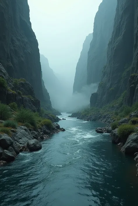 Thumbnail youtube 16:9, a fow river between two middle rock,cinematic