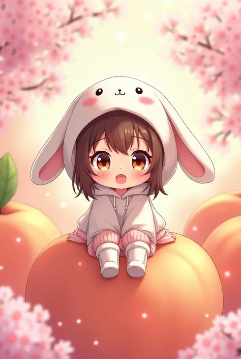 A cute chibi anime girl with big brown eyes and medium-length brown hair, wearing a white bunny hoodie with a kawaii face on the hood. She is sitting on a large peach, surrounded by a soft, colorful background with pink cherry blossoms. The scene has a war...