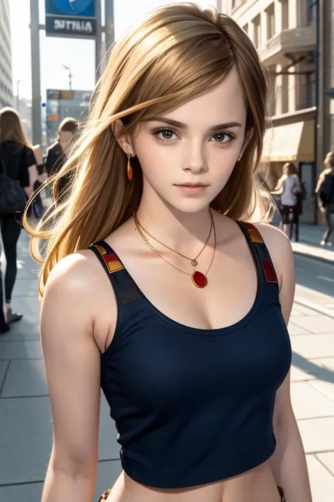 (((Emma Watson))), (blue eyes), lined eyes, blonde hair, hair with brown roots, (Long Straight hair), long hair, red painted mouth, smile, earrings, necklace, athletic body, ((Red top texture)), earrings, city, focus on face