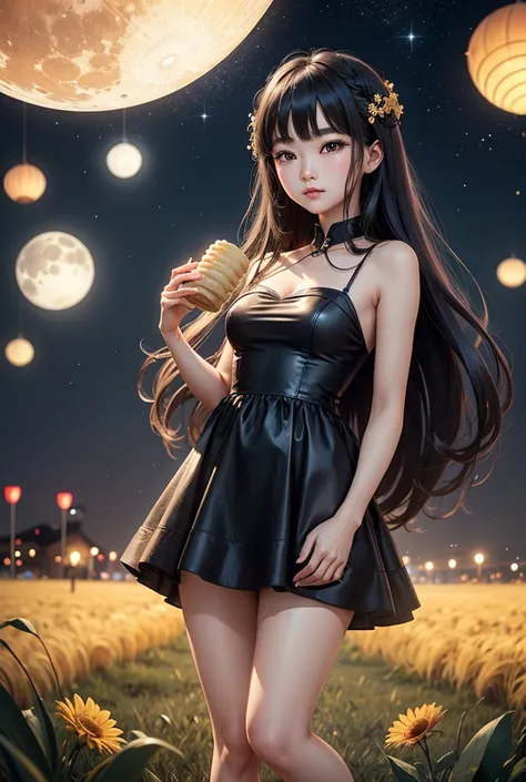 Generate 8k images，A young Taiwanese beauty，on a starry night，There is a big, round and bright moon in the sky，Eating mooncakes on the grass to celebrate the Mid-Autumn Festival，There is a cute rabbit next to you，Super long distance shooting，Full body phot...