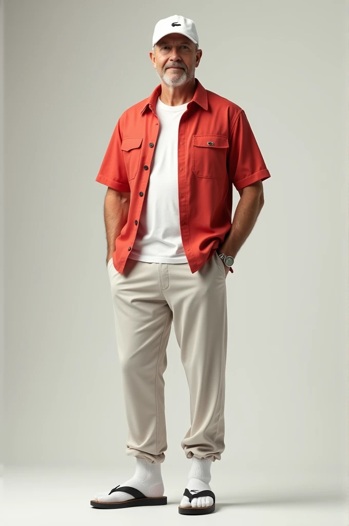 Create a guy wearing flip flops, white sports socks, Lacoste sweatpants, a light red blouse with a white shirt underneath and a white cap.