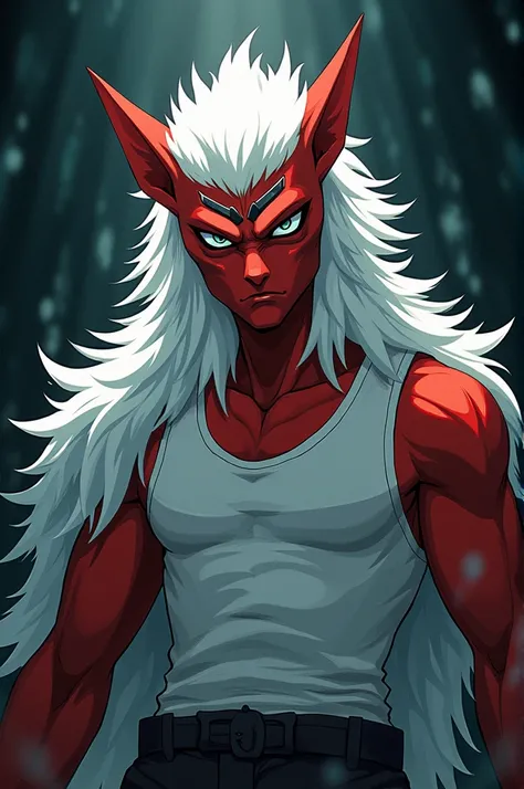 Create a red mullet jujutsu kaisen style character, eyebrow piercing, white tank top and white fur.