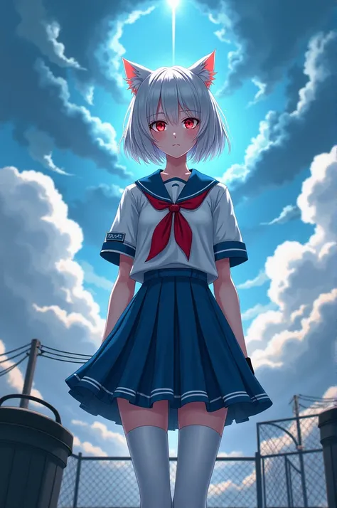 ((masterpiece、premium))、girl with、Alone、skirt by the、sky sky、sitting on、pantimedias、seraph、clouds、Black gloves、outside the house、handkerchief、label、fringe、about、Shirt、He drowned、On the rooftop、short hair、Big boobs white stockings、White hair、school uniform、...