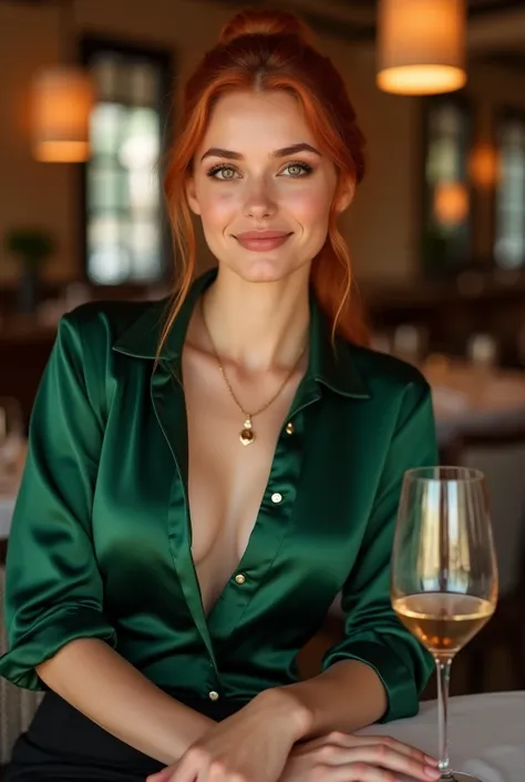 Realistic full body portrait of a German red-haired young woman aged 23, Ponytail, Necklace, smile. She sits in front of the camera in a shiny green satin long-sleeved shirt and a black pencil skirt...Holding glass in hands, restaurant ,glamour fotoshootin...