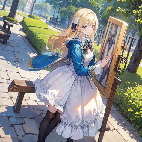 masterpiece, 1 Girl, Beautiful, Beautiful, Beautiful, Extremely complex, Detailed, blond, jacket, Blue Eyes, ((masterpiece)), extremely Detailed, , high resolution, ((in the park)), Bridget, Smile,  