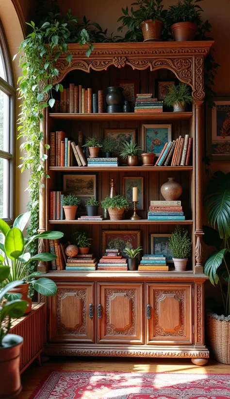 Bookcase decorated in a bohemian style of interior design