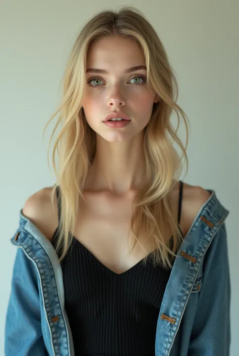 Semi-real blonde girl, straight hair not too long and not too short, white, green eyes as a hue "hazel", big, rabbit-shaped eyes, white, long eyelashes, lips in between with a light pink, tall and black dress with jean jacket