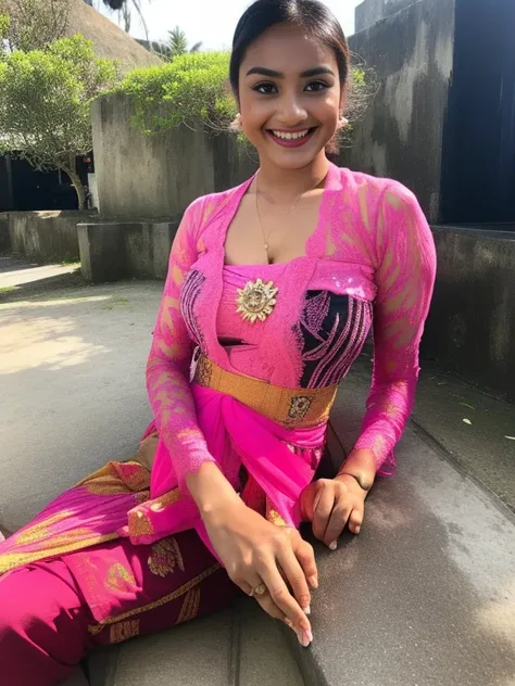 1girl, (pink_kebaya_bali), (kebaya_bali), sunlight, sitting, nature, outdoors, detailed face, detailed eyes, huge breasts, big breasts, shiny skin, looking at the audience, (laughing cute: 1.2), (happy), (8k, RAW photo, best quality, masterpiece: 1.2), (re...