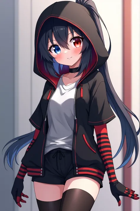 *Connie, anime girl is 1,55, black hair with gray gradient, held back with a ponytail with front strands longer than those in the back, Short Layered Back, fringe covering his forehead, white and soft skin, eyes of different colors, The left one is blue wi...