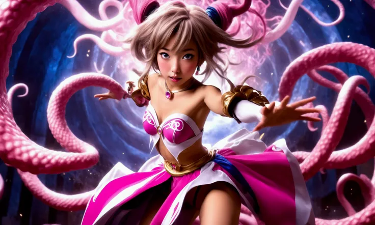 a cute Yuna, 2, wearing a sexy magical girl costume, amazing butt, striking magical action poses with lots of special effects, confronting an evil tentacle demon, camera angle is low, focus on Yunas butt, detailed facial features, intricate costume design,...