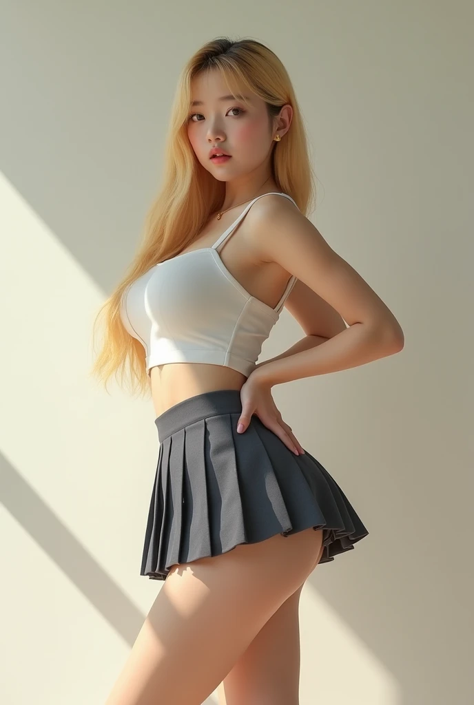 Young and attractive sexy Korean woman, 1, cute baby face, (Strip), big bust, bright blonde hair, Long hair, earring(full body)(schoolgirl)(touching your butt),8K, RAW photos, best qualityd, masterpiece, best quality
