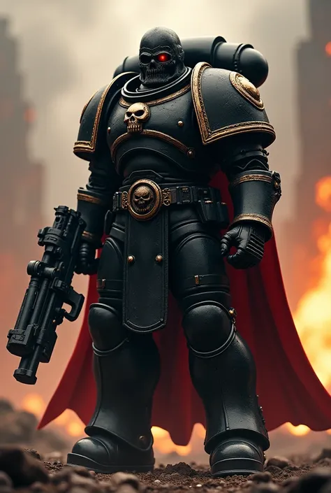 A space marine with a full black armor and a red cape, He is holding a Bolter like a soldier, his front helmet has the shape of a skull, in the landscape are a destroyed ship burning the sky