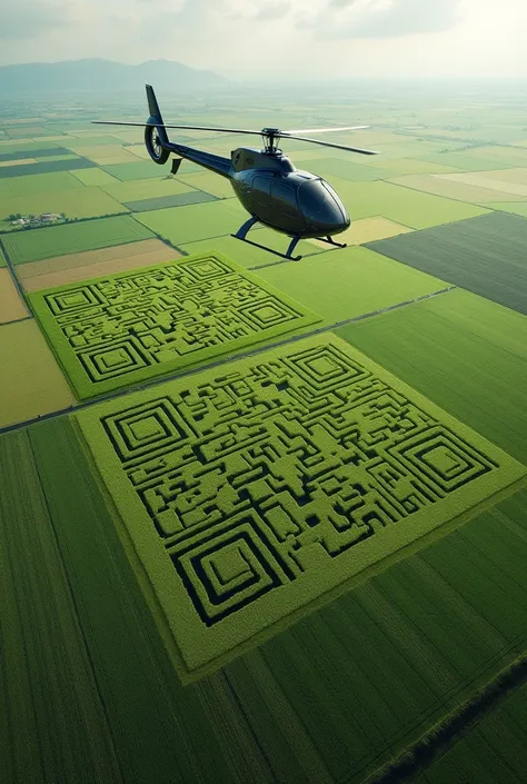 The Chinese people made QR codes by cutting crops in the fields and a man is flying in a helicopter and scanning these QR codes from above.