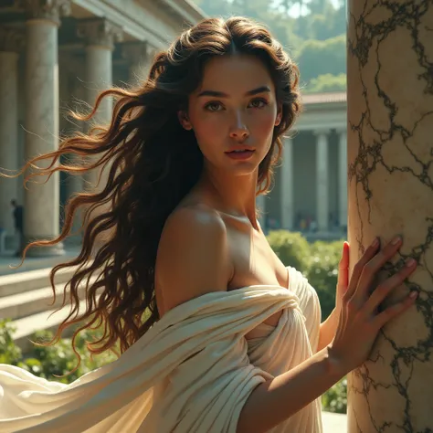 "A young Medusa, a beautiful woman with long flowing hair, wearing ancient Greek attire with soft robes, in a classical Greek setting, a peaceful temple, standing by a marble column with calm and grace, in the background you see lush gardens with statues, ...